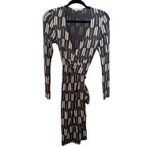 Boden Women's Wrap Dress Gray Cream Size 4, Long Sleeve Jersey Tie Waist